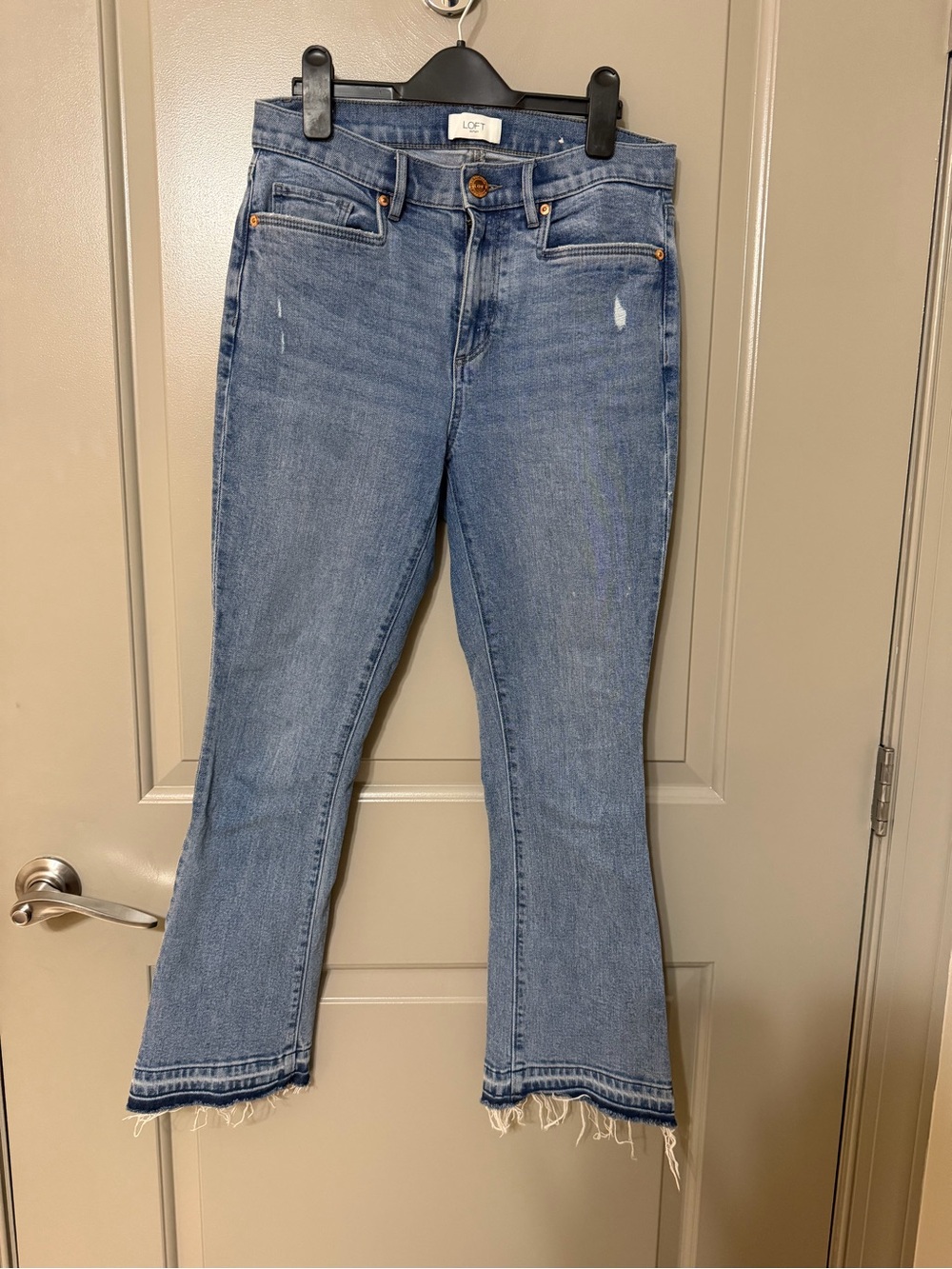 LOFT Light Wash Cropped Flare Jeans with Frayed Hem
